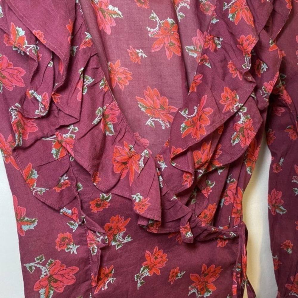 Free People Womens Sz Small Top Cotton Ruffled Wrap Long Sleeve Floral New
